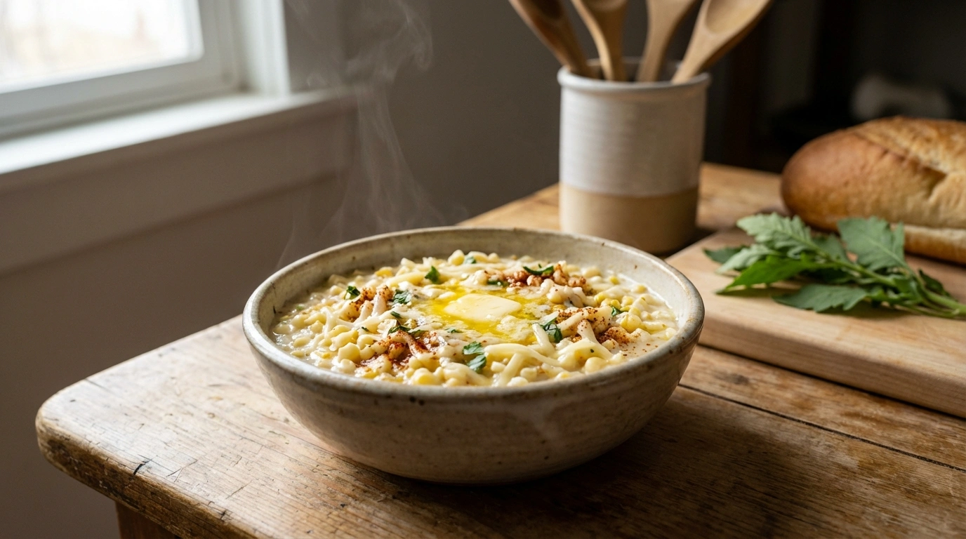 Esquites Cremosos Gourmet con Queso y Mantequilla Dorada 26 deliciosos esquites cremosos gourmet preparados con queso suave y mantequilla dorada para un sabor auténtico y exquisito.