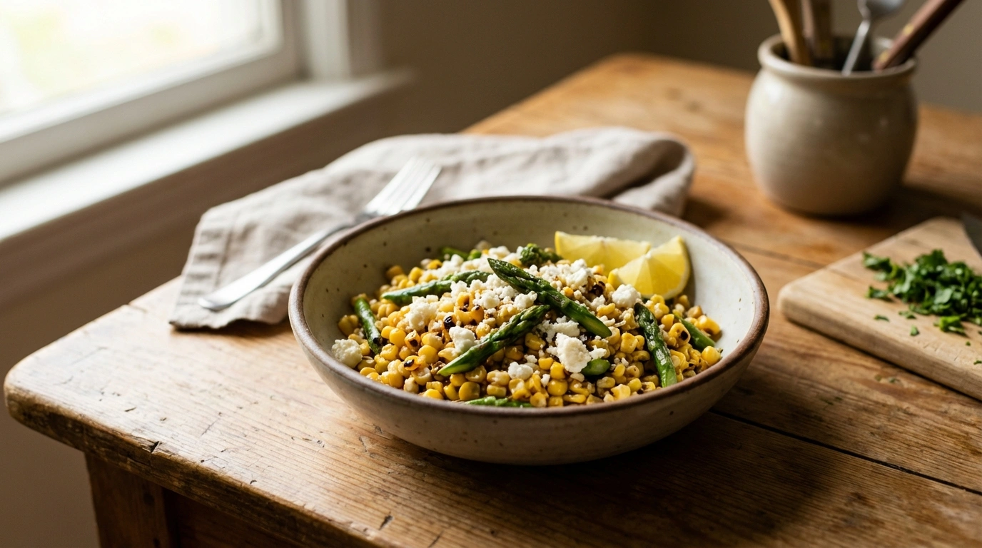 disfruta de unas deliciosas esquites primaverales con espárragos frescos, un toque de limón y queso cotija, una combinación perfecta de sabores tradicionales y frescura estacional.