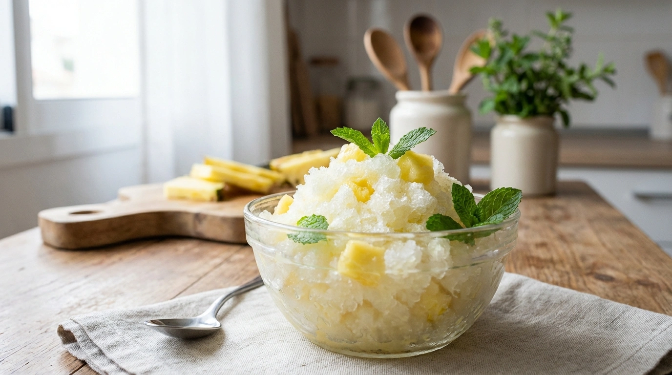 Granita de Piña con Hierbabuena 48 disfruta de una refrescante granita de piña con el toque aromático de la hierbabuena, perfecta para los días calurosos y para revitalizar tus sentidos.