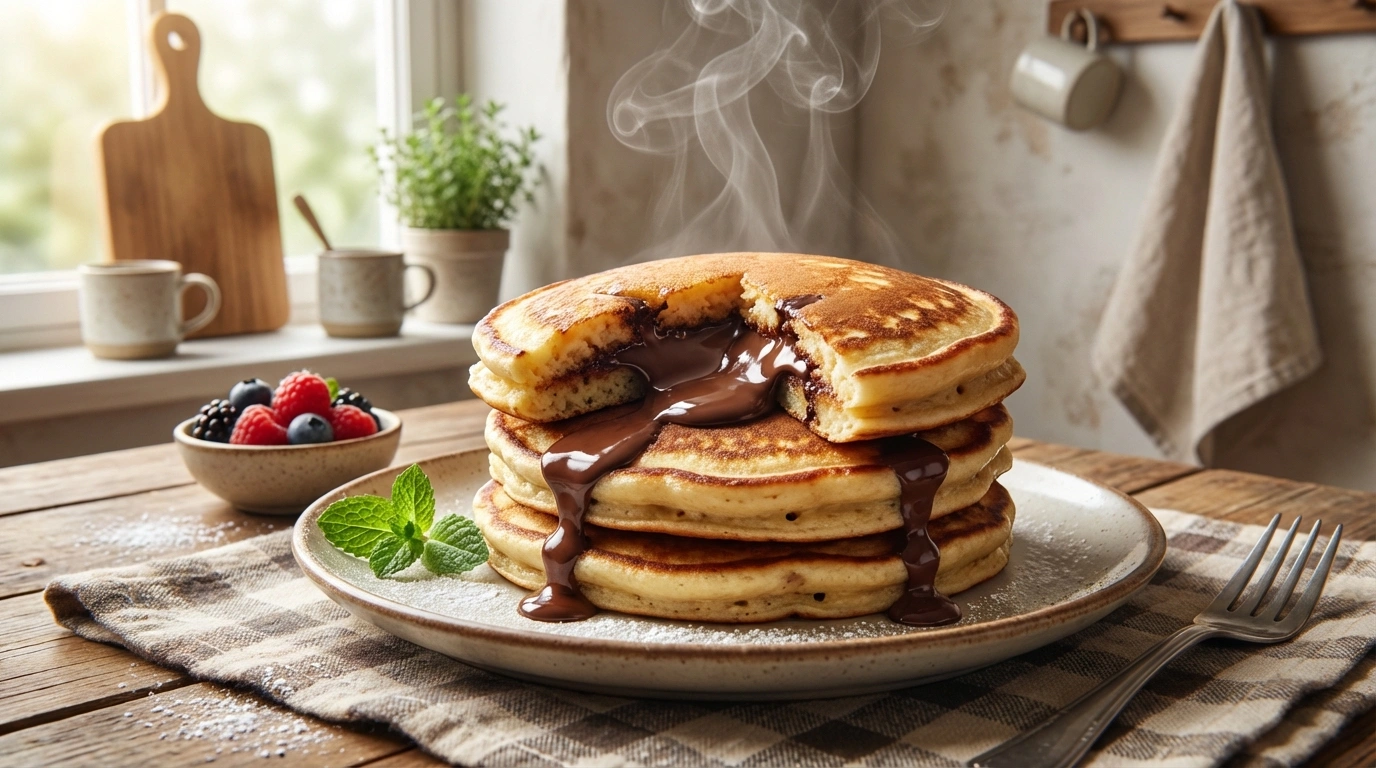deliciosos hot cakes de plátano rellenos de chocolate, una dulce y esponjosa receta perfecta para el desayuno o la merienda.