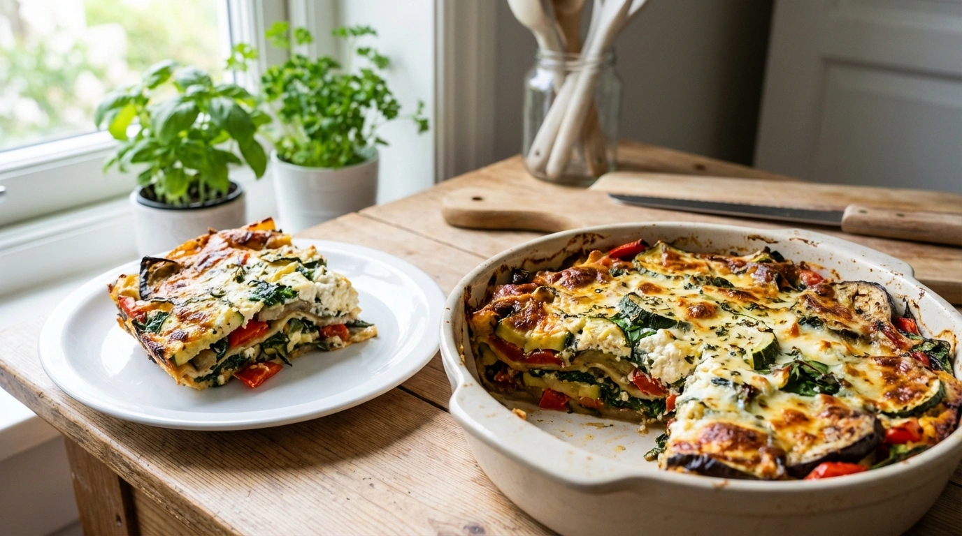 deliciosa lasaña de verduras asadas combinada con ricotta cremosa, un plato saludable y reconfortante perfecto para cualquier ocasión.