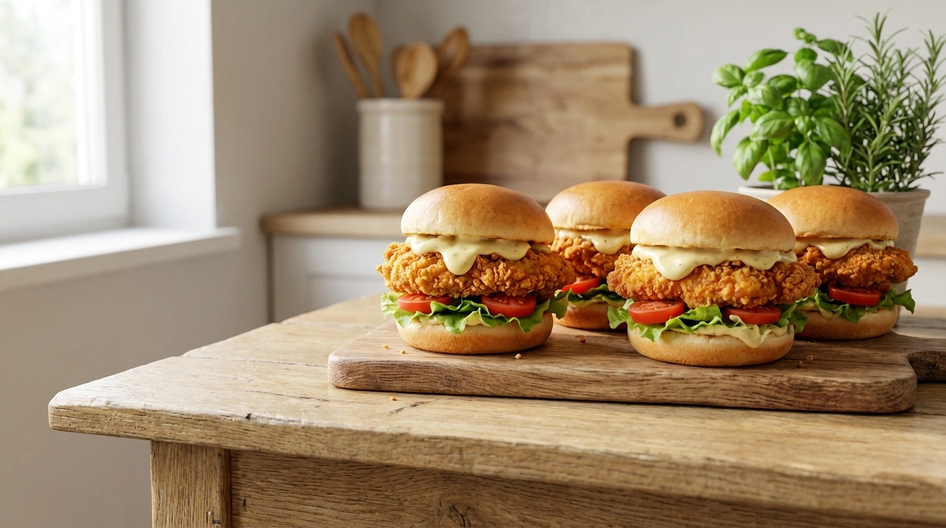 Mini Burgers de Pollo Crujiente con Aderezo Especial 32 deliciosos mini burgers de pollo crujiente acompañados de un aderezo especial que realza cada bocado. ¡perfectos para compartir y disfrutar!