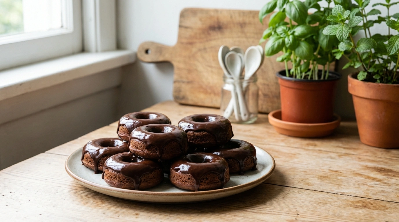 Mini Donas Horneadas con Glaseado de Chocolate 22 deliciosas mini donas horneadas cubiertas con un glaseado suave de chocolate, perfectas para un dulce capricho en cualquier momento del día.