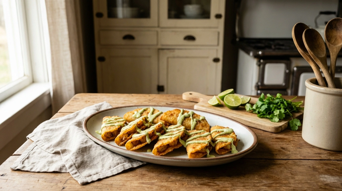 Mini Tacos Dorados de Papa con Crema de Aguacate 46 deliciosos mini tacos dorados de papa, crujientes y rellenos, acompañados de una suave y cremosa salsa de aguacate para un sabor auténtico y refrescante.