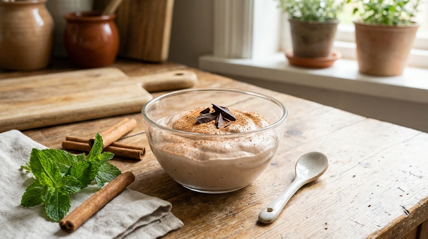 deliciosa mousse ligera de chocolate mexicano con un delicado toque de canela, perfecta para los amantes de los sabores tradicionales y sofisticados.