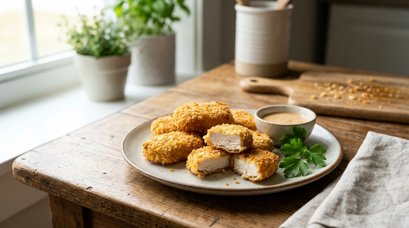 Nuggets Caseros de Pollo con Empanizado Dorado 52 deliciosos nuggets caseros de pollo con un empanizado dorado y crujiente, perfectos para una comida rápida y sabrosa.