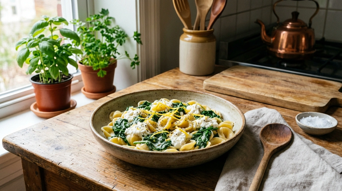 disfruta de una deliciosa pasta corta cremosa con espinaca fresca, queso ricotta suave y un toque refrescante de limón, perfecta para una comida rápida y sabrosa.