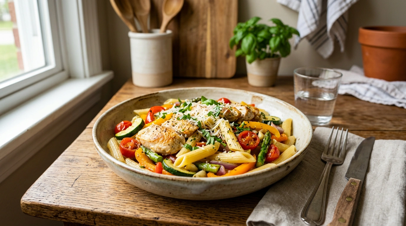 disfruta de una deliciosa pasta primavera con pollo jugoso y vegetales salteados, una receta fácil y saludable para cualquier ocasión.