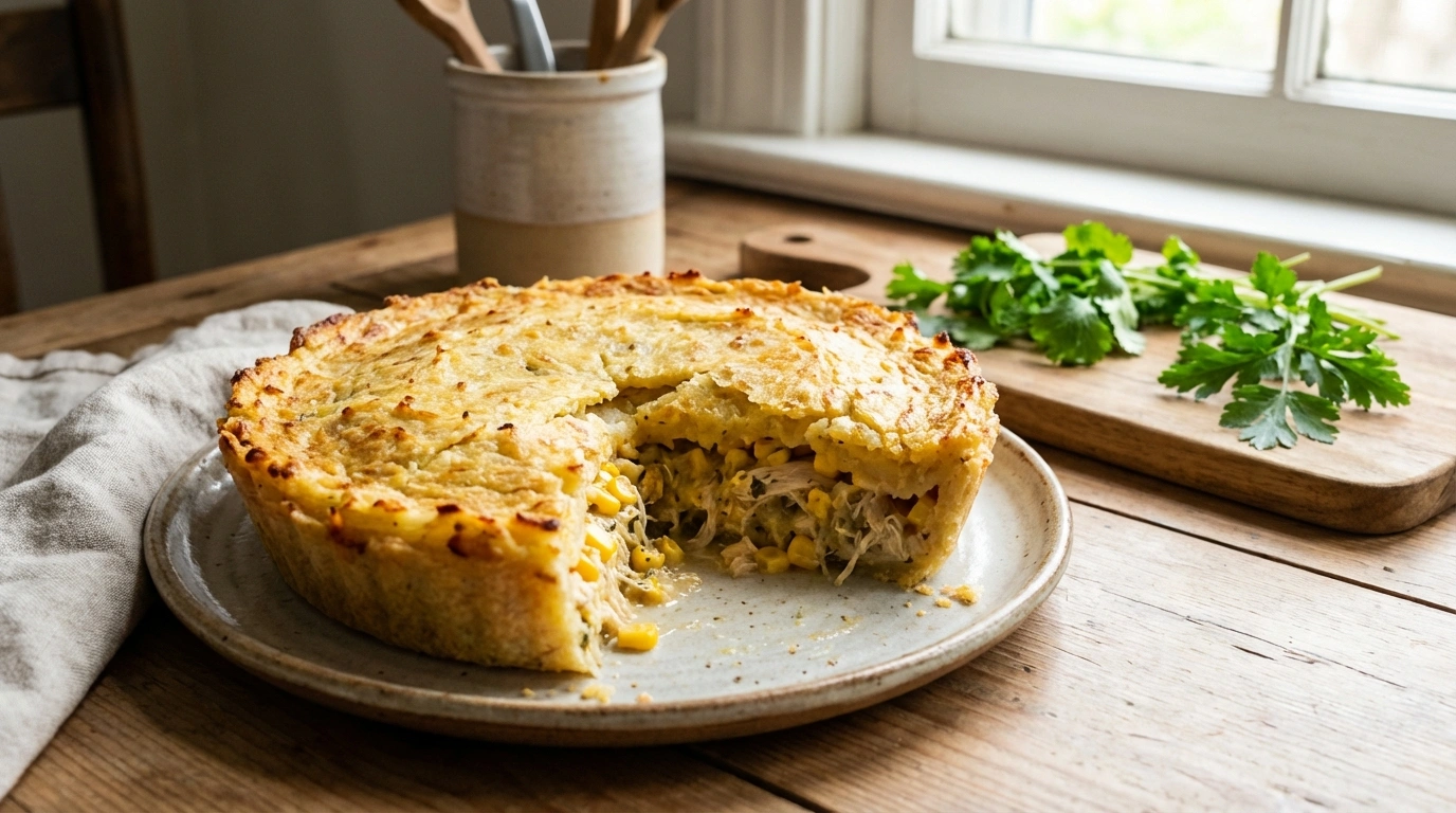 delicioso pastel cremoso de pollo y elote con una crujiente costra ligera de papa dorada, perfecto para una comida reconfortante y llena de sabor.