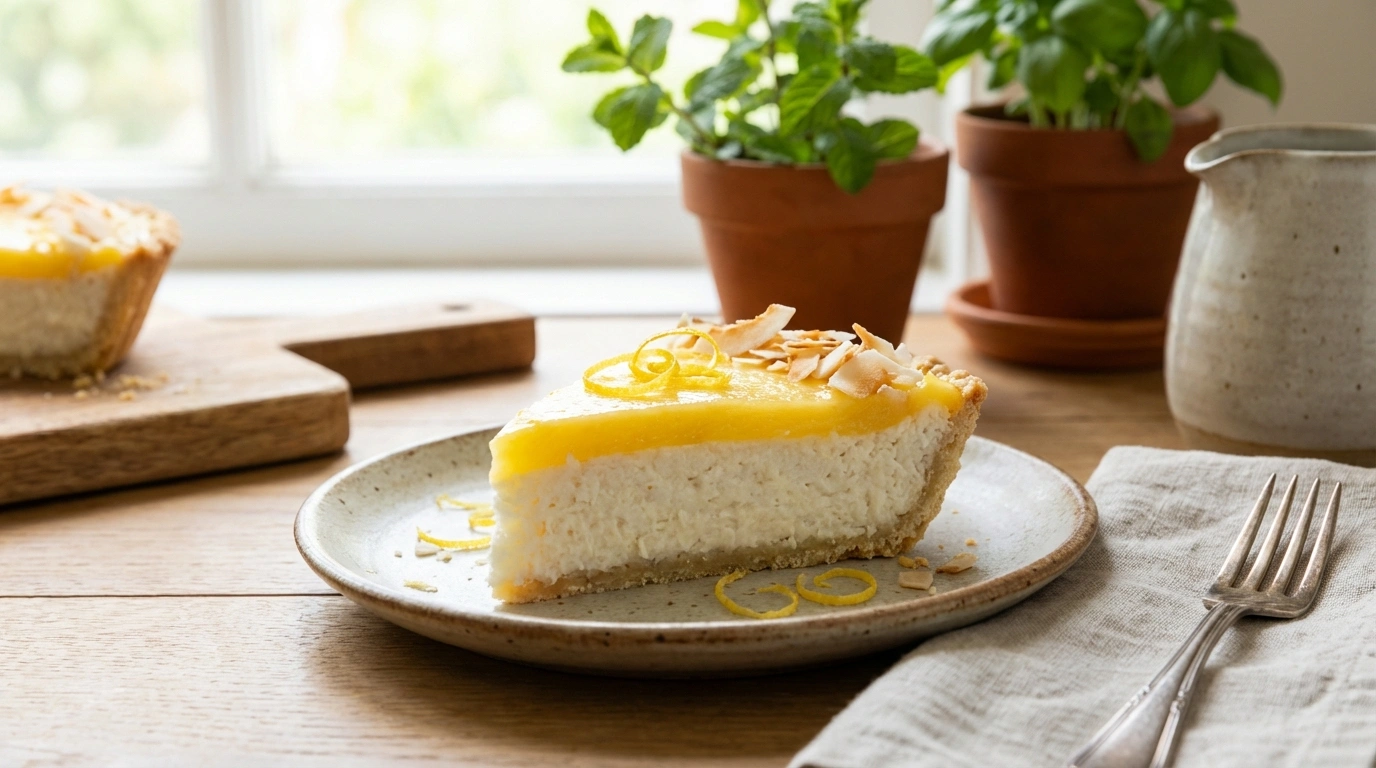 disfruta del refrescante sabor del pay frío de coco y limón, una combinación perfecta de dulce y cítrico para cualquier ocasión.