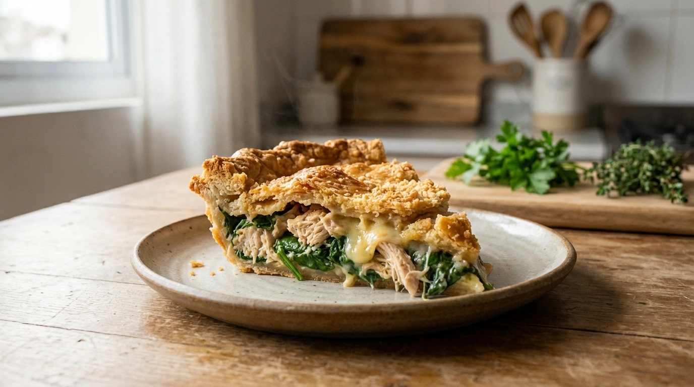 delicioso pay salado de pollo y espinaca con una costra crujiente, perfecto para una comida sabrosa y nutritiva.