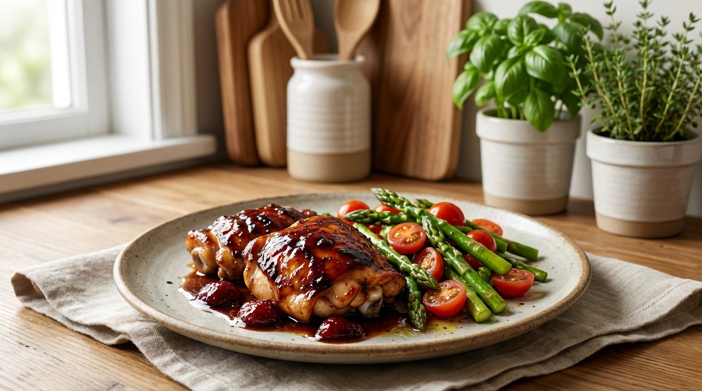 deléitate con nuestro pollo glaseado de fresa y balsámico, acompañado de una ensalada tibia de espárragos frescos, una combinación perfecta de sabores dulces y ácidos para una experiencia culinaria inolvidable.