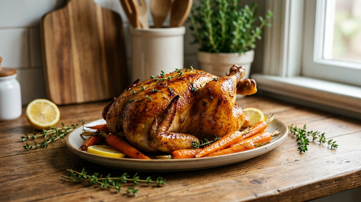 delicioso pollo glaseado con miel, limón y tomillo acompañado de zanahorias rostizadas, una receta fácil y llena de sabor para disfrutar en cualquier ocasión.