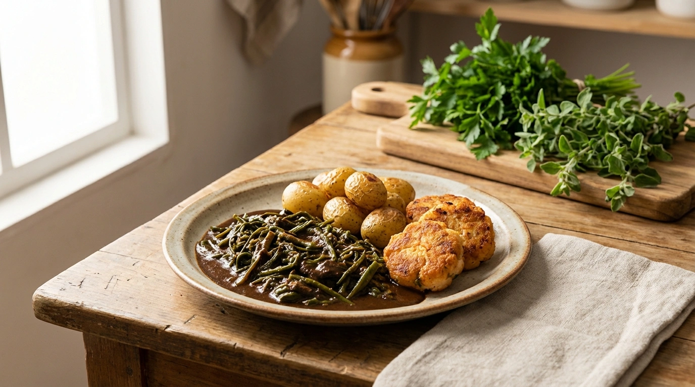 enjoy a delicious traditional Mexican recipe: romeritos with mole accompanied by small potatoes and shrimp patties, a dish full of flavor and tradition.