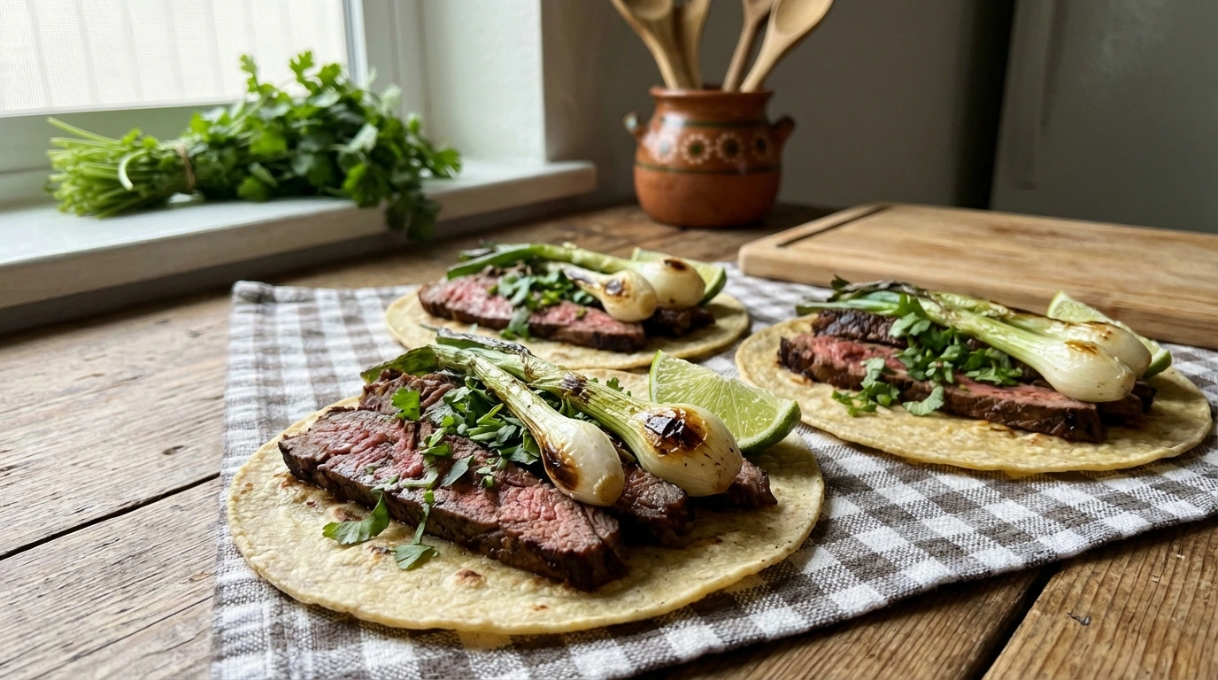 Tacos de arrachera marinada con cebollitas cambray 13 deliciosos tacos de arrachera marinada, acompañados de cebollitas cambray frescas y sabrosas, perfectos para disfrutar en cualquier ocasión.