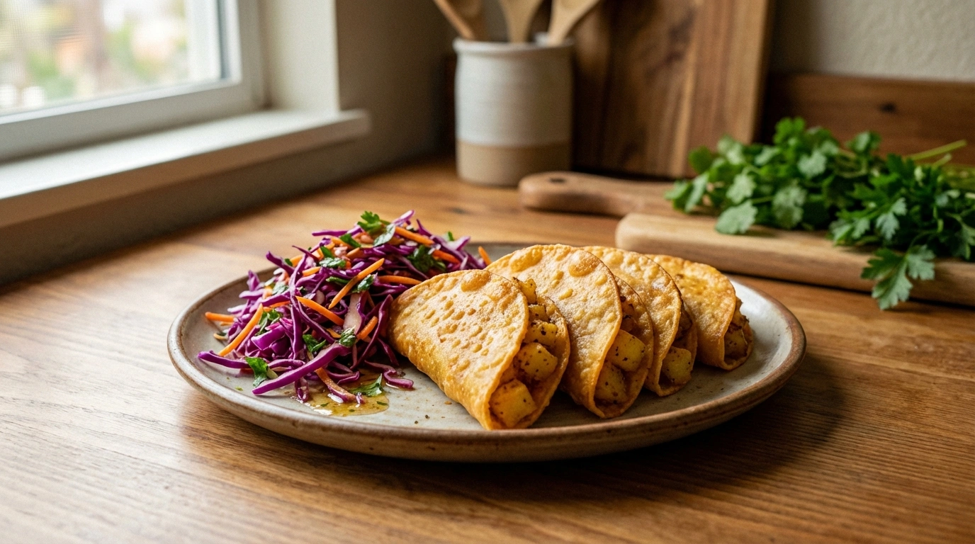 deliciosos tacos dorados de papa acompañados de una fresca ensalada de col morada, perfectos para una comida tradicional y llena de sabor.