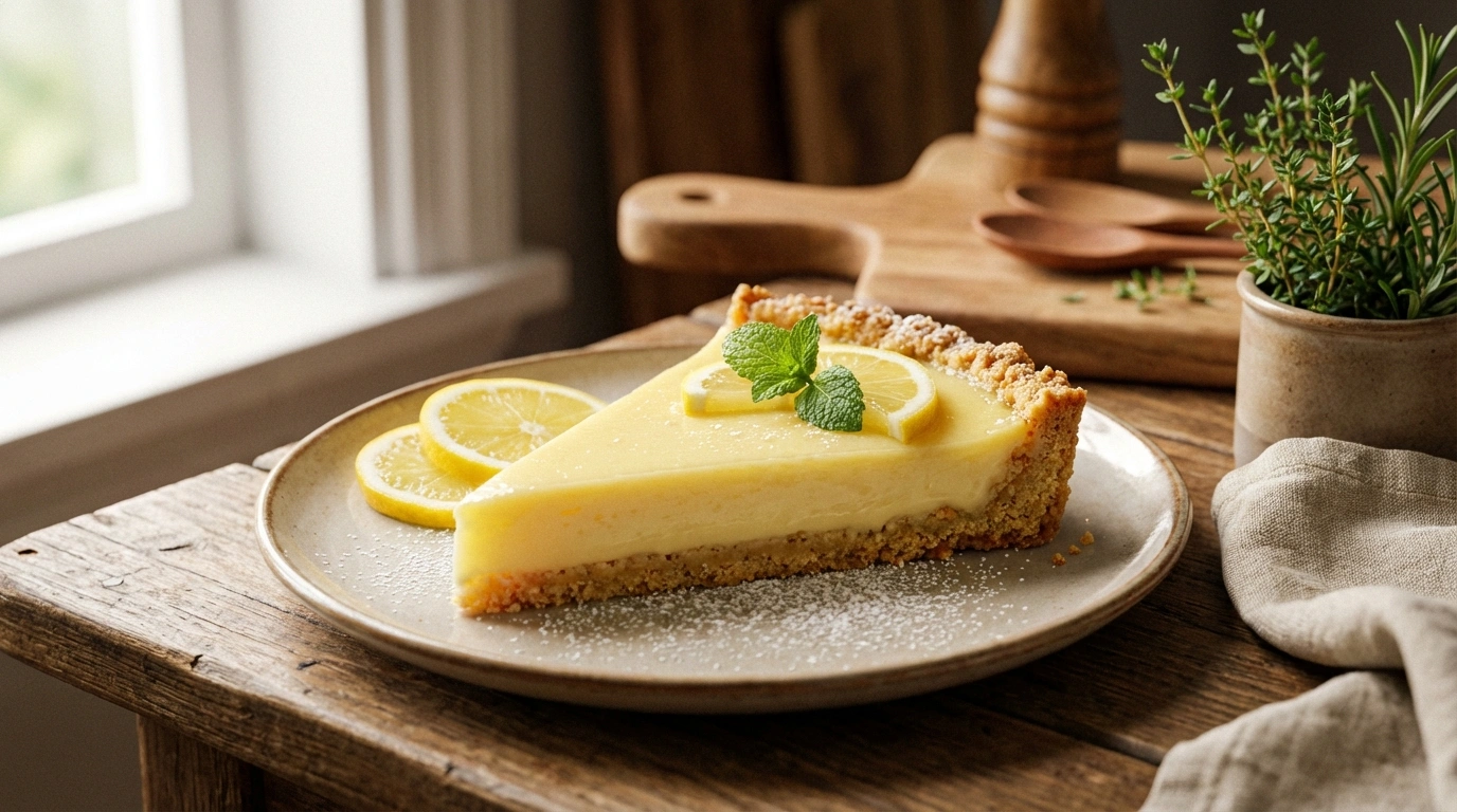 deliciosa tarta cremosa de limón y yogurt con una base crujiente de almendra, perfecta para disfrutar un postre fresco y saludable.