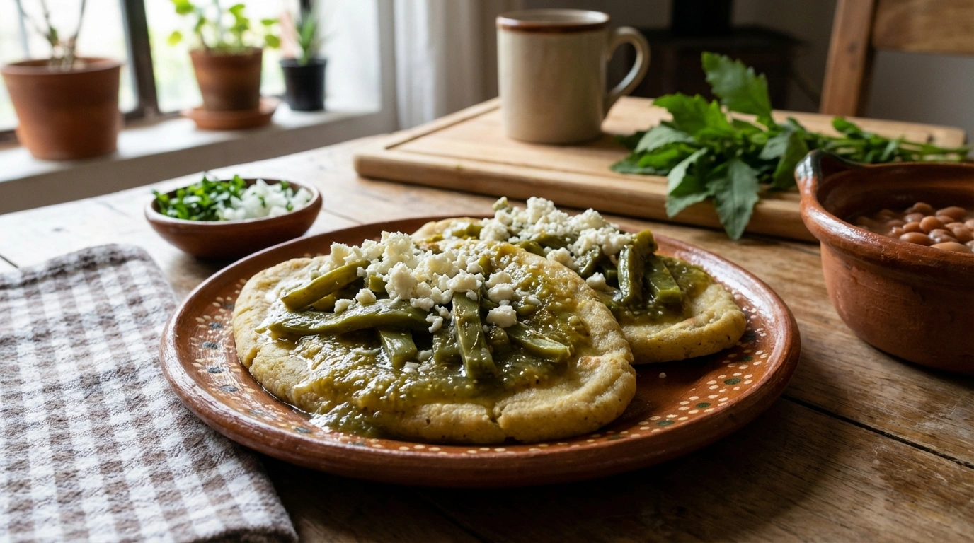 delicious stuffed fava bean tlacoyos, accompanied by fresh nopales and a traditional roasted green sauce. ideal for enjoying an authentic and flavorful Mexican dish.