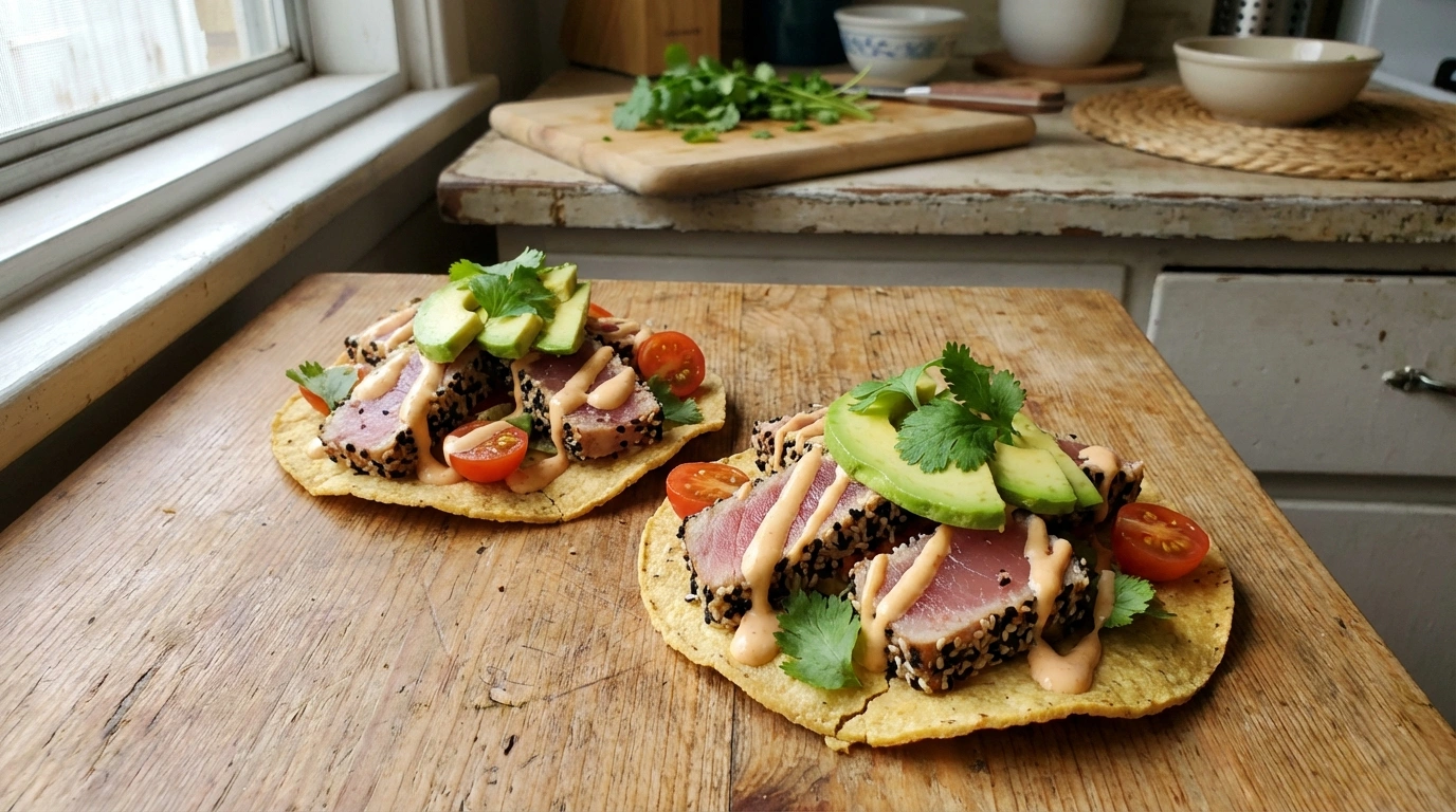 Tostadas de atún sellado con ajonjolí y mayonesa ligera de chipotle 1 deliciosas tostadas de atún sellado con ajonjolí, acompañadas de una mayonesa ligera de chipotle, perfectas para un aperitivo lleno de sabor y frescura.