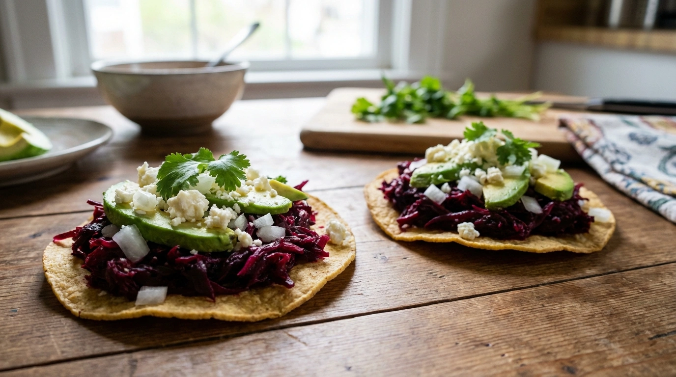 Tostadas de tinga de jamaica 1 deliciosas tostadas de tinga de jamaica, una receta tradicional mexicana que combina el sabor ácido de la jamaica con especias y verduras, perfecta para una comida ligera y sabrosa.