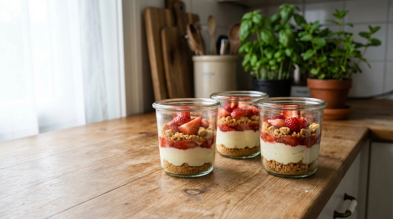 Vasitos Cheesecake de Fresa con Crumble de Galleta 40 deliciosos vasitos de cheesecake de fresa con crumble de galleta, un postre irresistible que combina frescura y textura crujiente para disfrutar en cualquier ocasión.