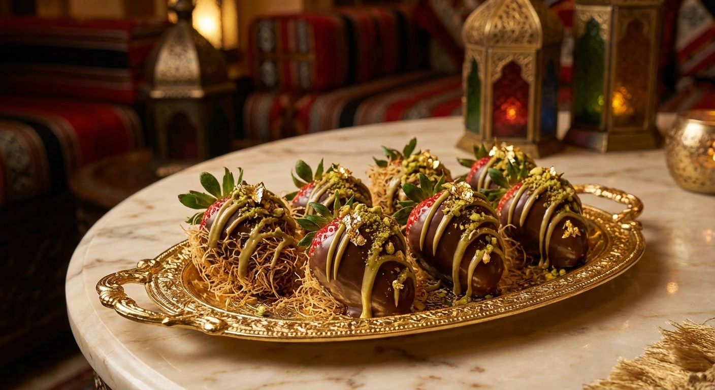 Fresas con Chocolate y Kataifi Estilo Dubai Premium 28 deliciosas fresas con chocolate cubiertas con crujiente kataifi, inspiradas en el estilo premium de dubái. un postre exquisito y elegante para los paladares más exigentes.