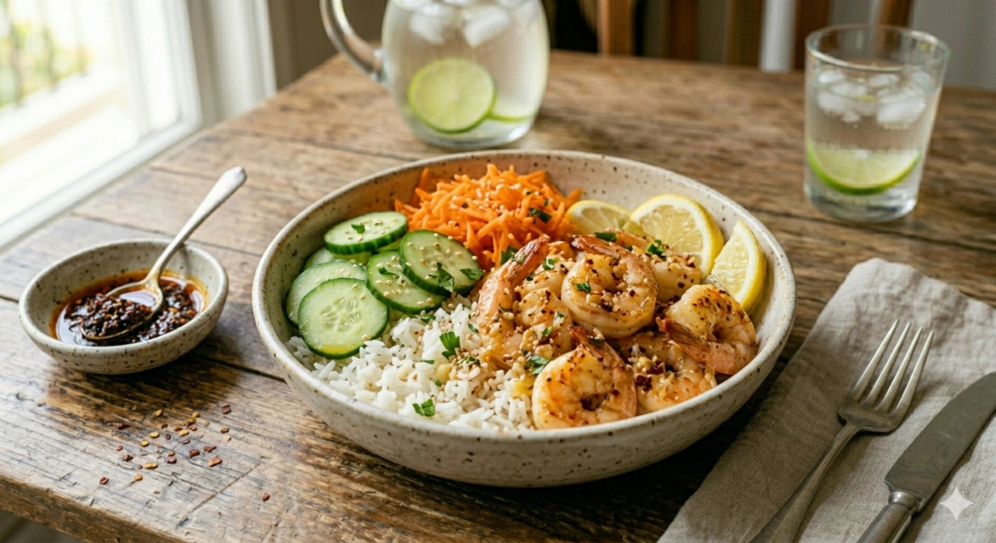 Bowl de arroz jazmín con camarones al ajillo dorados