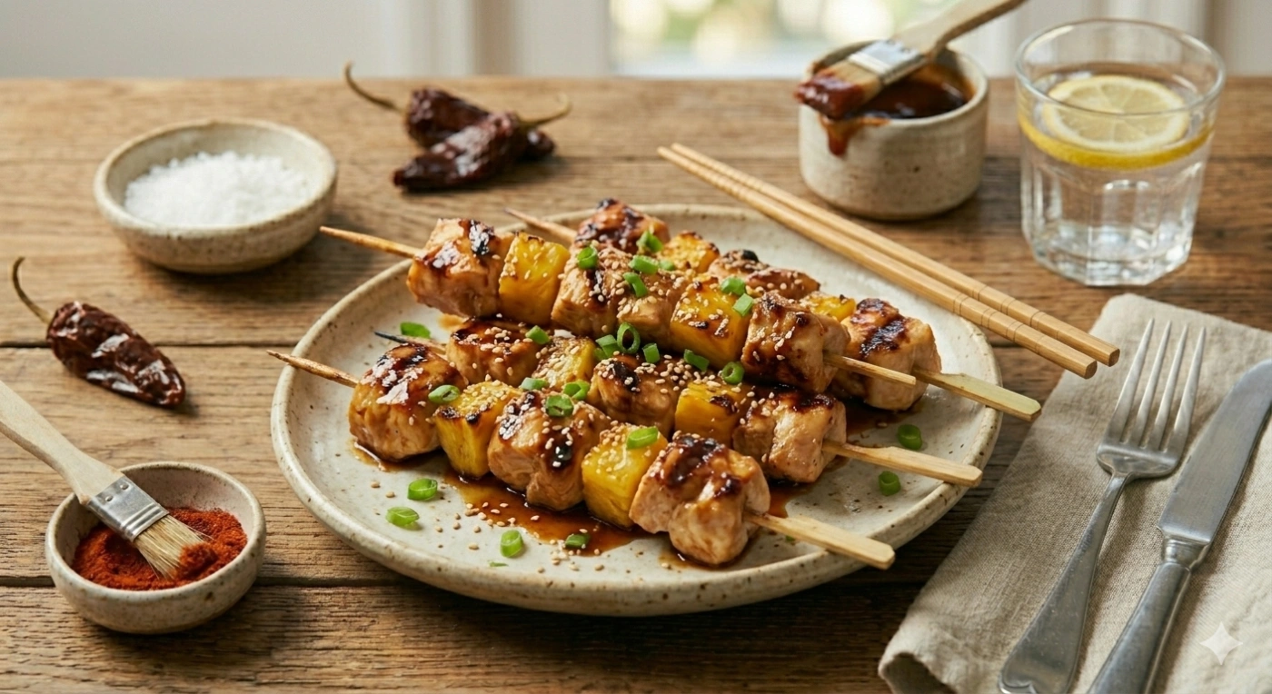 Brochetas de pollo y piña caramelizadas con salsa BBQ en sartén