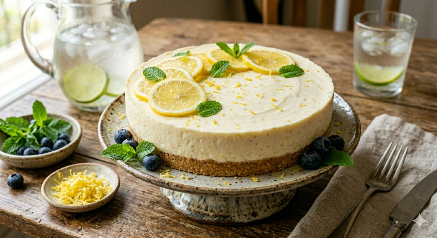 Cheesecake frío de limón con base de galleta decorado con rodajas de limón y hojas de menta