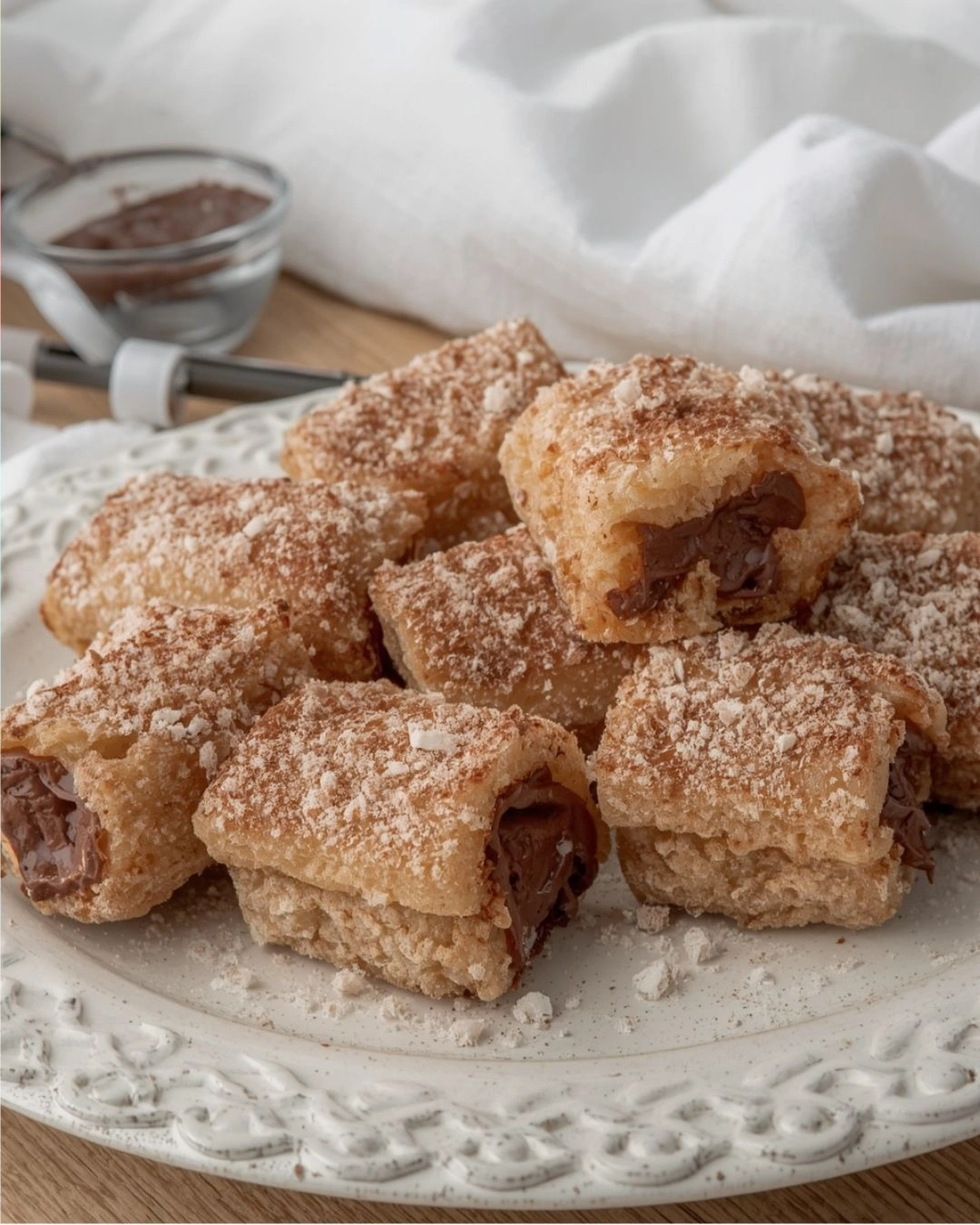Churro bites dorados y crujientes cubiertos de azúcar y canela con relleno de chocolate derretido