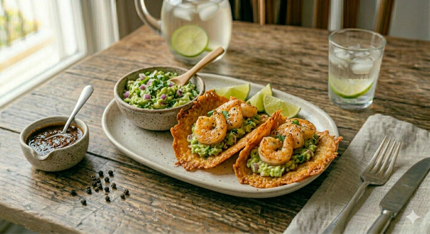 Costras de queso doradas y crujientes con guacamole y camarones salteados encima