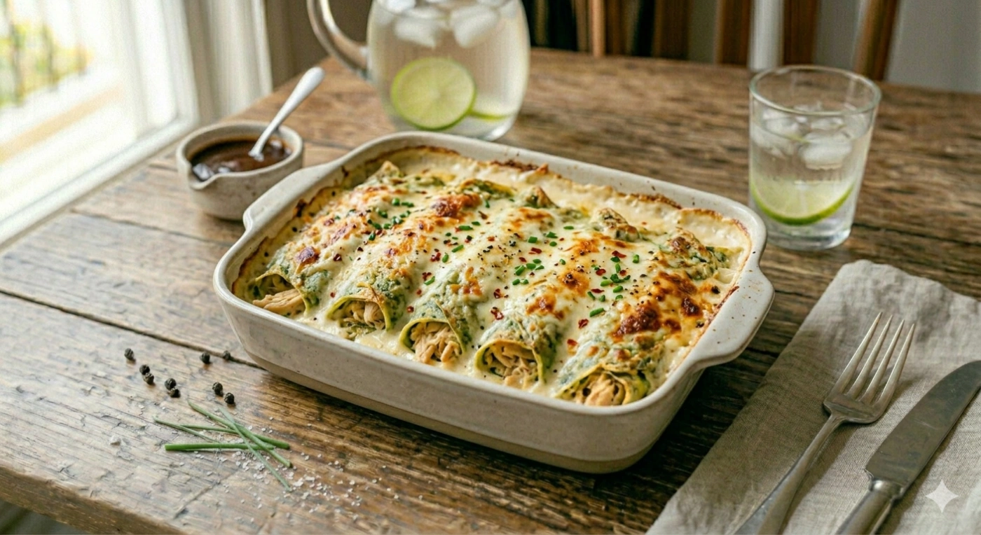 Crepas verdes de espinaca rellenas de pollo cremoso gratinadas con queso manchego dorado