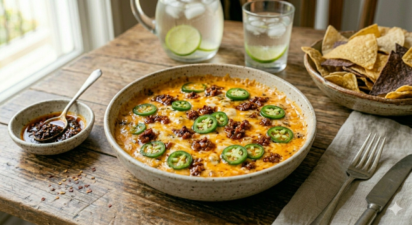 Dip caliente de queso fundido con chorizo y rodajas de jalapeño servido en sartén con totopos