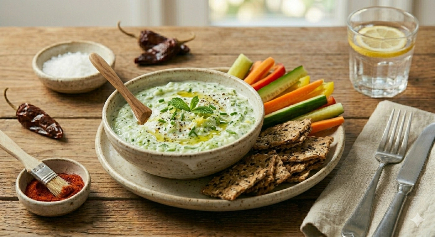 Dip frío de pepino rallado con yogurt natural y limón servido en tazón con hierbas frescas
