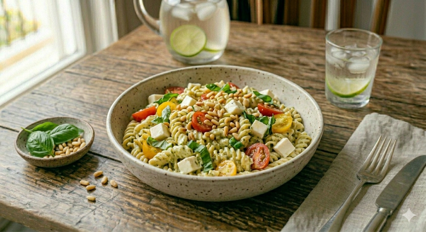 Ensalada de pasta caprese cremosa con jitomate cherry