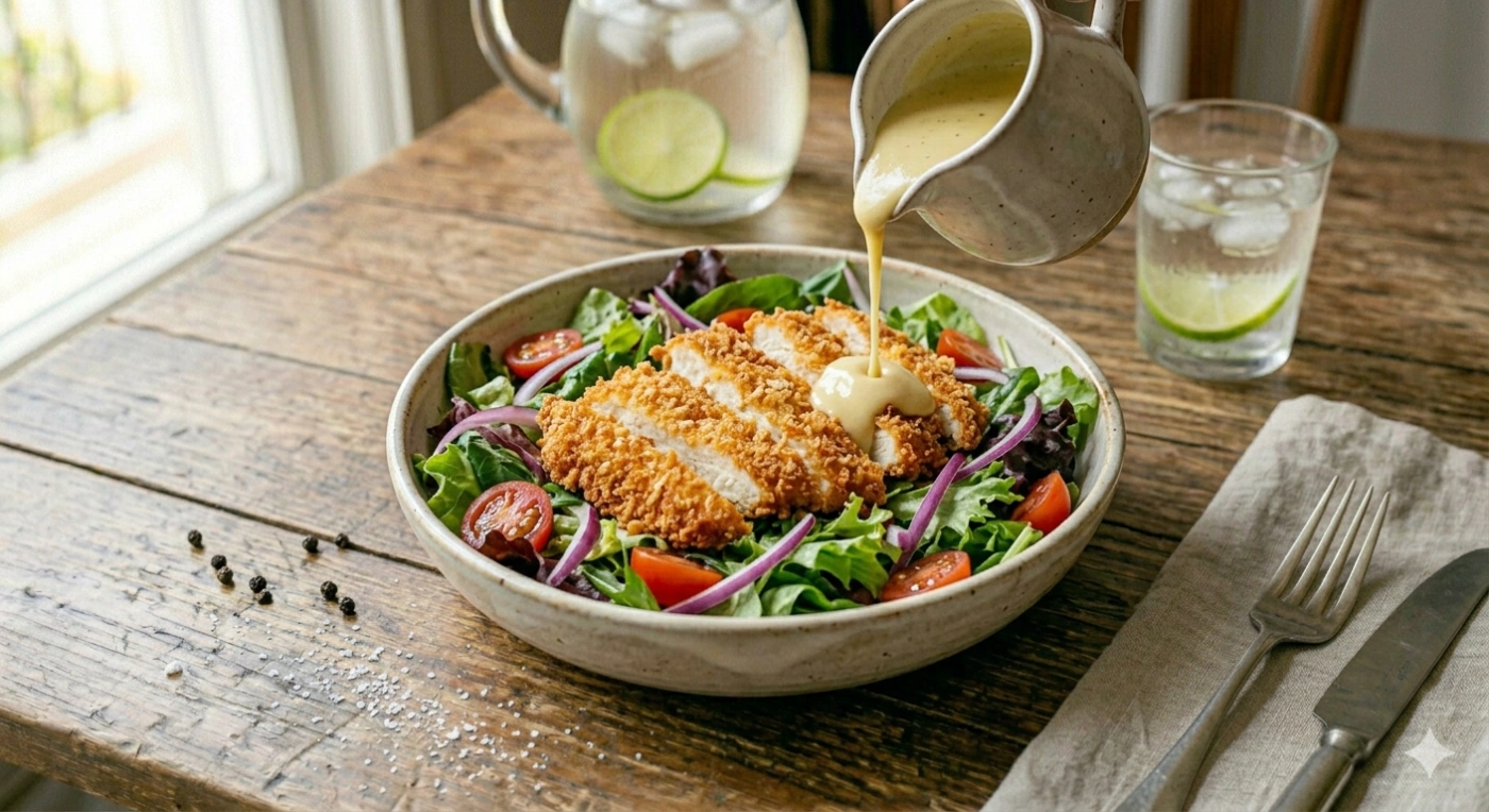 Ensalada de lechugas con tiras de pollo crujiente empanizado y aderezo de miel y mostaza