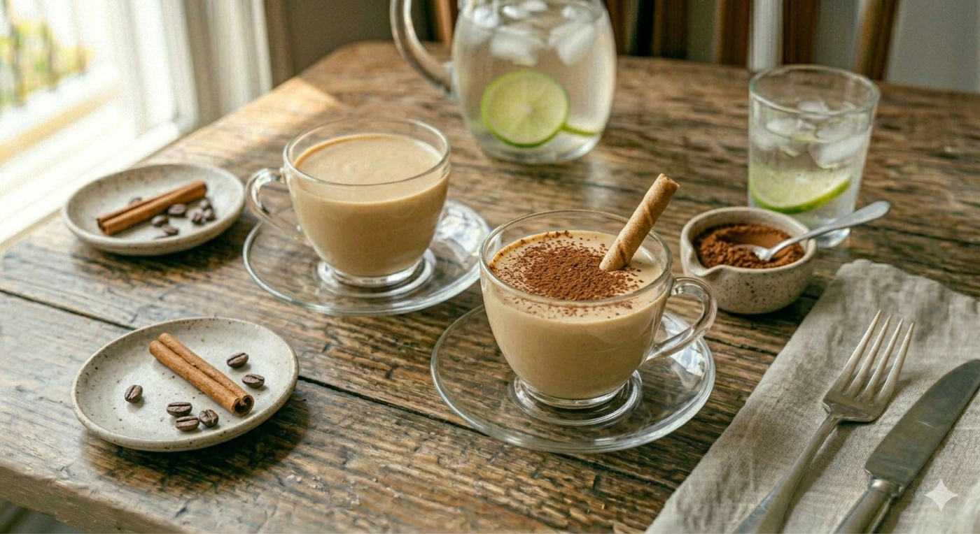 Gelatina cremosa de café tipo capuchino servida en vasito individual con cocoa espolvoreada