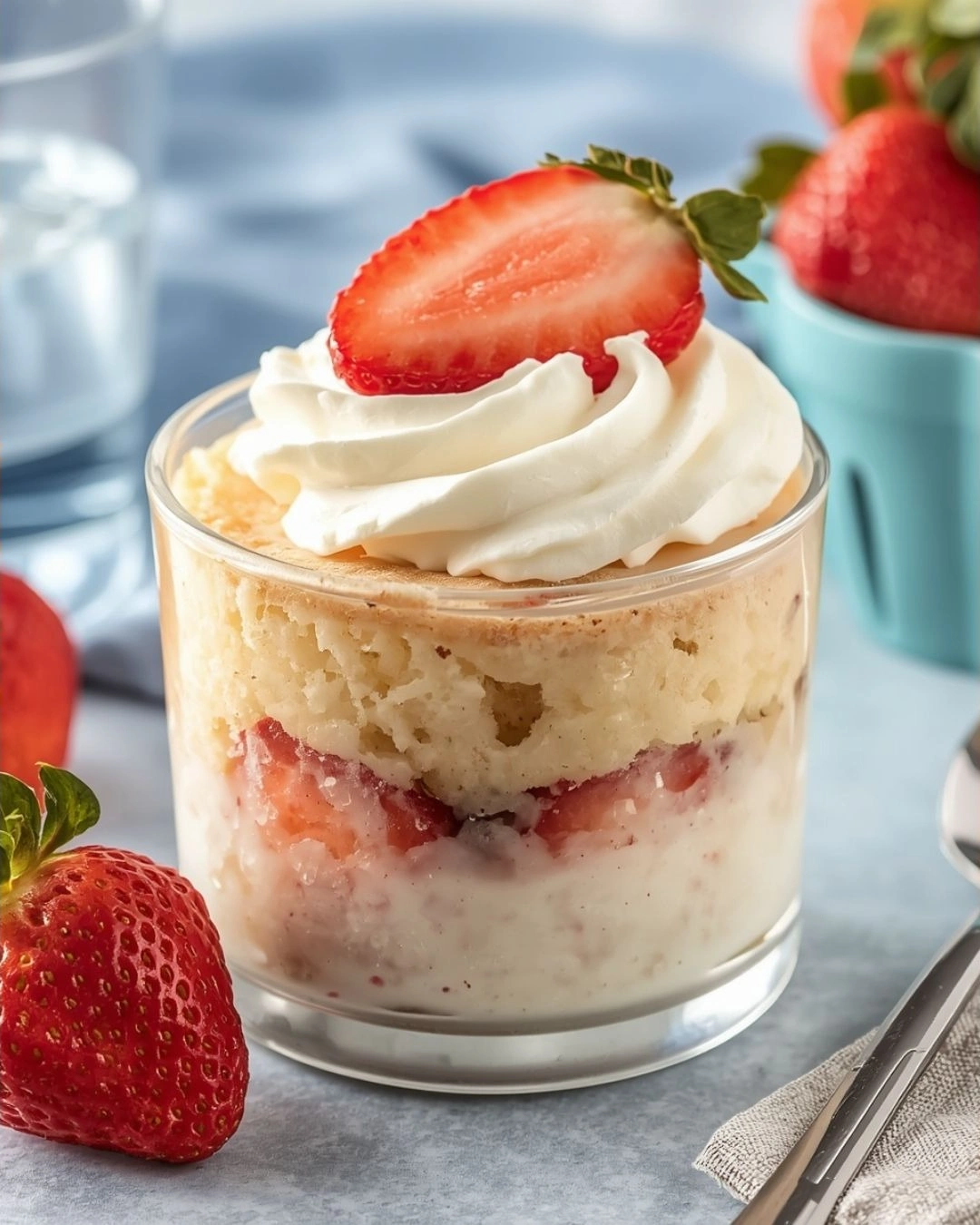 Mini tres leches en vasito transparente con capas de bizcocho de vainilla, fresas frescas y crema batida