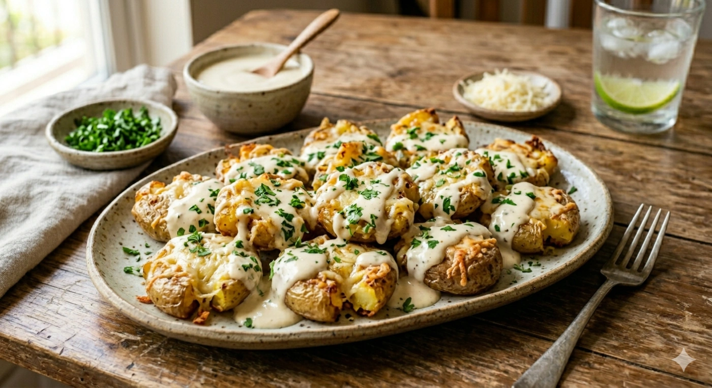 Papas cambray aplastadas y gratinadas con queso mozzarella y salsa cremosa de ajo encima