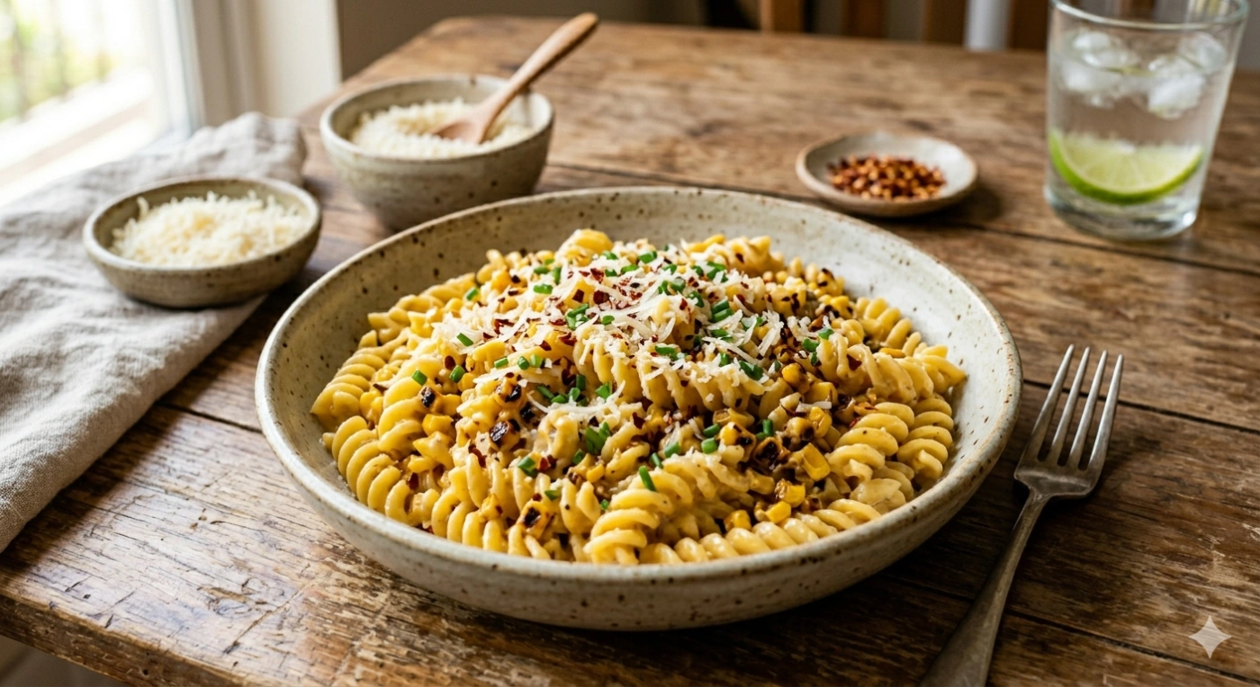 Pasta Cremosa de Elote Rostizado con Queso Parmesano 15 Pasta corta cremosa con granos de elote rostizado y queso parmesano rallado encima