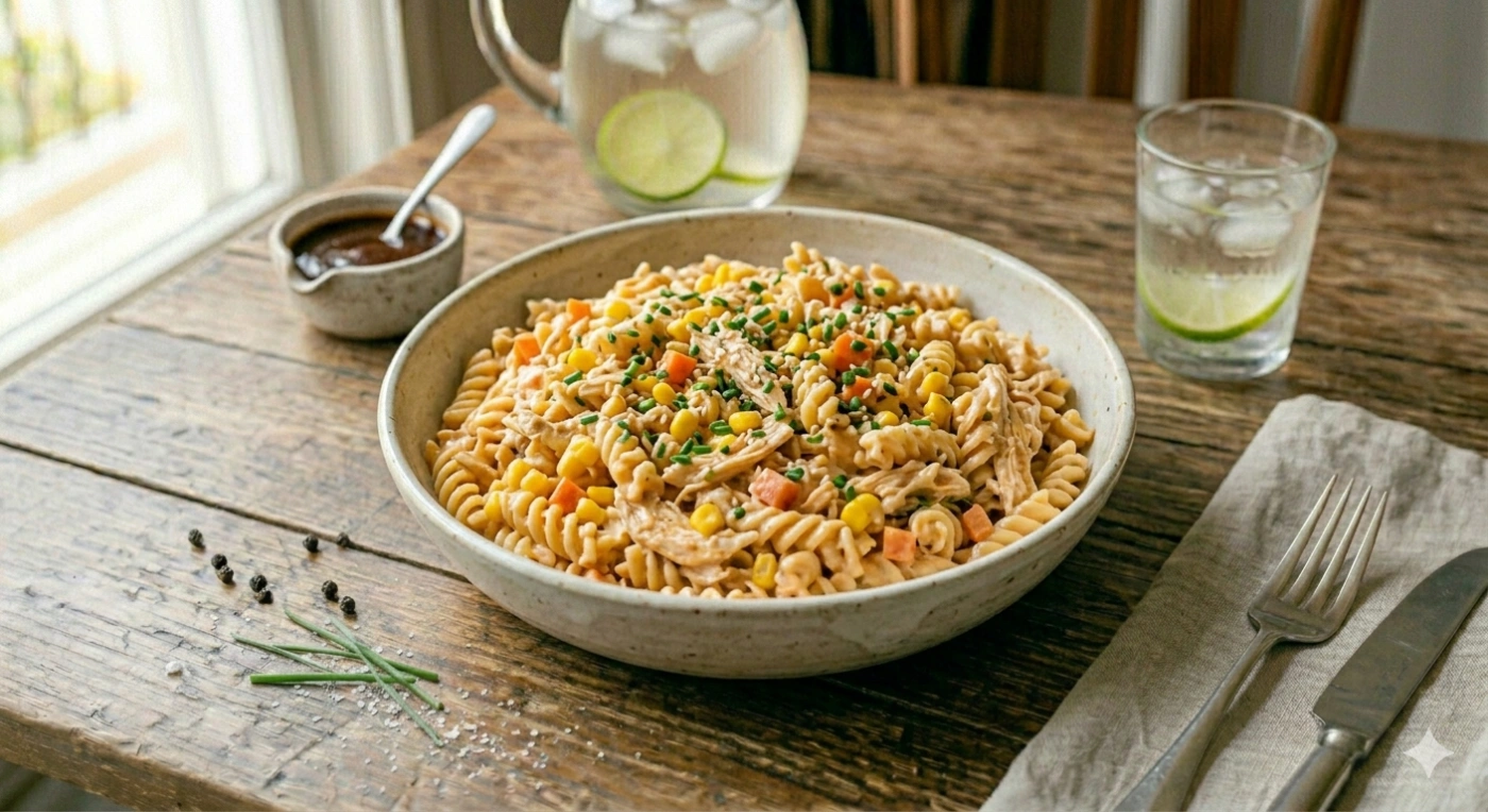 Pasta fría cremosa con trozos de pollo desmenuzado