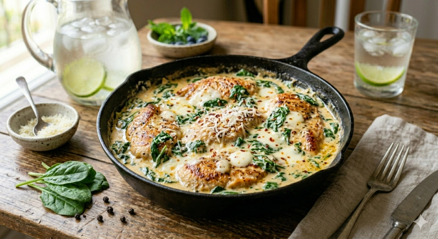 Filetes de pollo dorados en salsa cremosa verde de espinaca y queso derretido