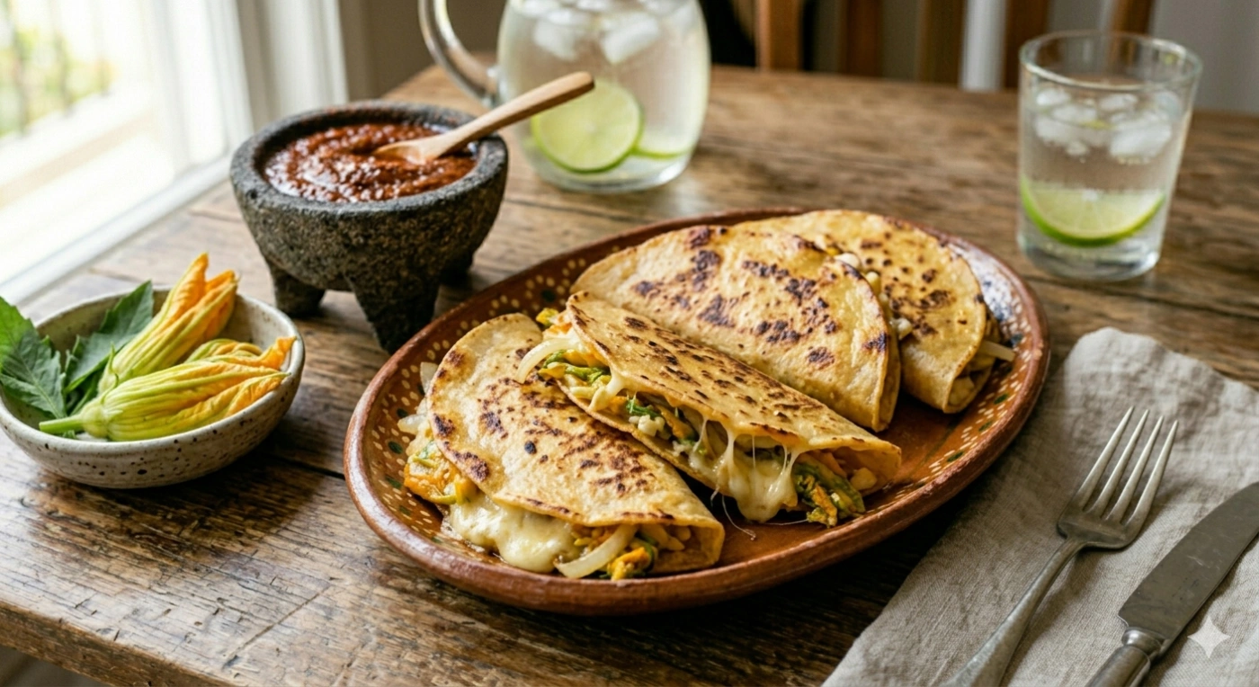 Quesadillas doradas de flor de calabaza con queso Oaxaca derretido en comal