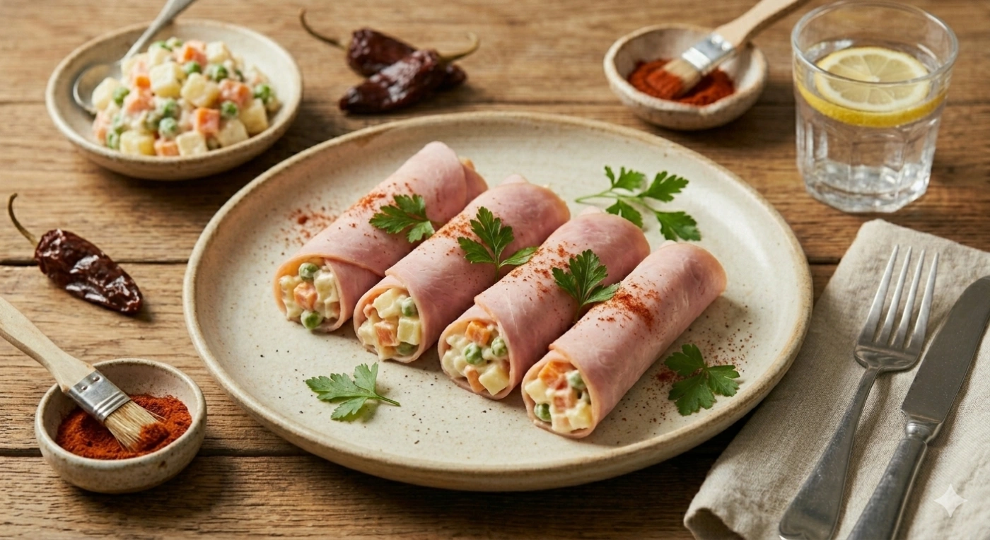 Rollitos de jamón rellenos de ensalada rusa cremosa con papa y zanahoria servidos en platón
