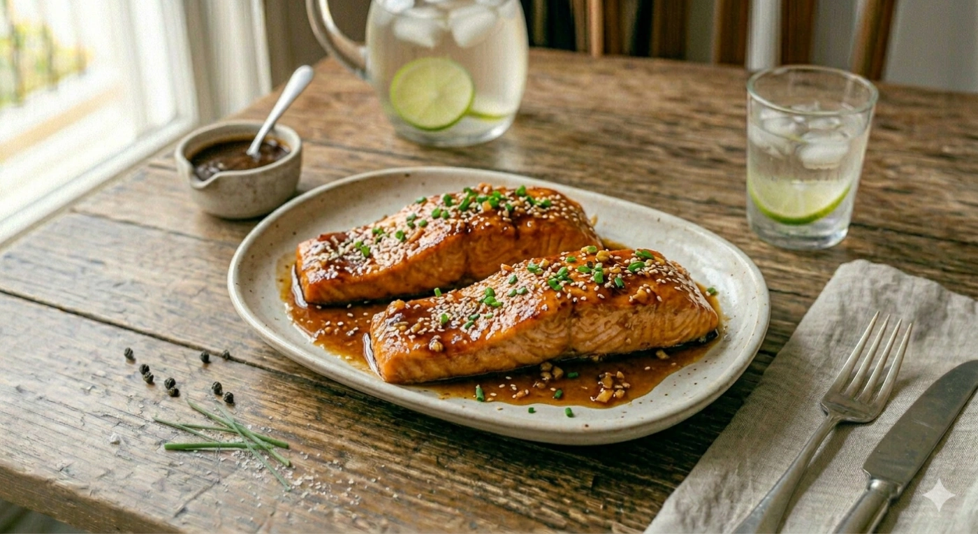 Filete de salmón glaseado brillante con miel