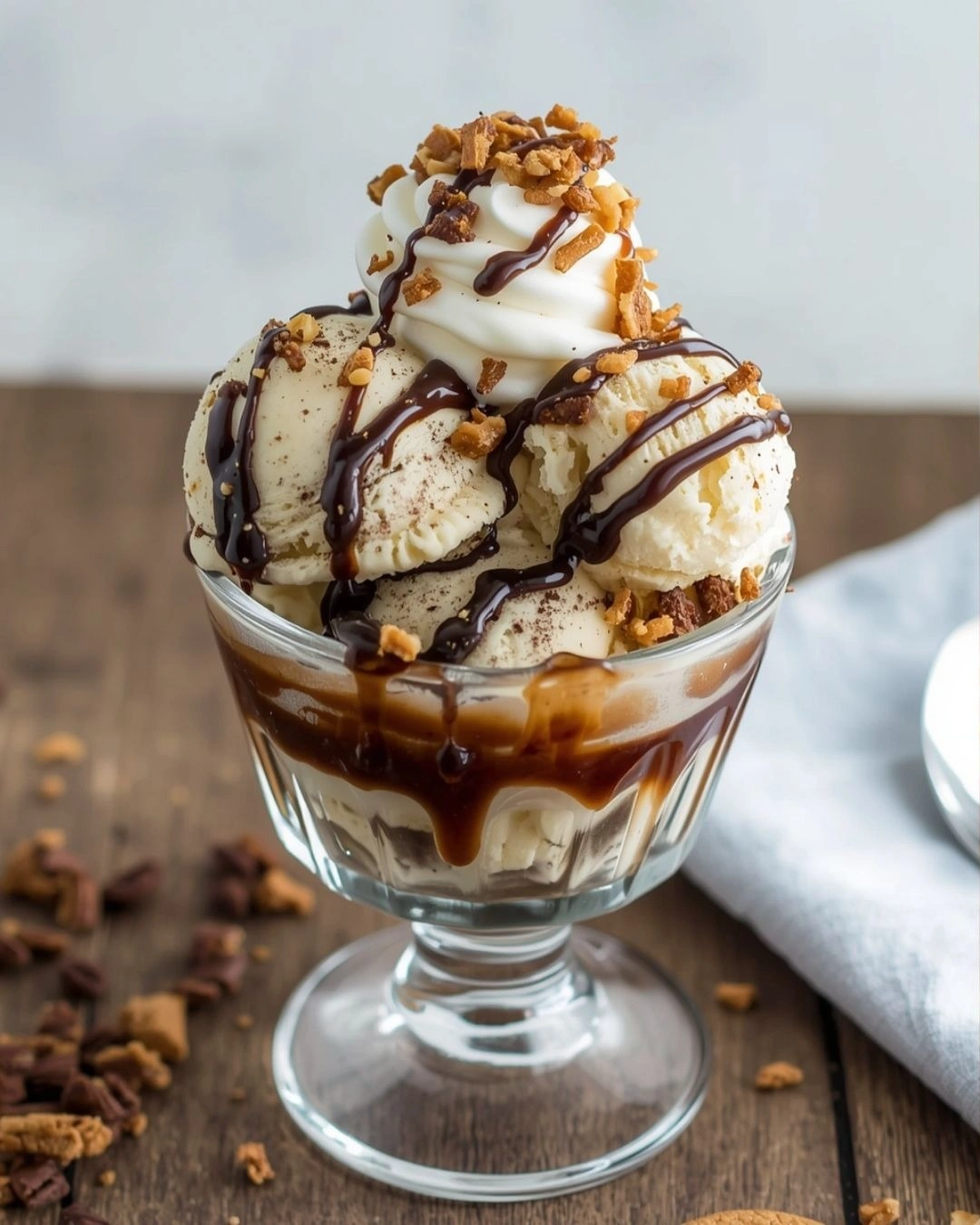 Sundae en copa transparente con helado de vainilla, galleta triturada, salsa de chocolate, topping crujiente y crema batida