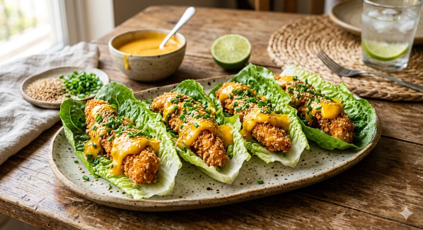 Tacos de Lechuga con Pollo Crujiente y Aderezo de Mango-Chipotle 15 Tacos de lechuga con tiras de pollo crujiente empanizado y aderezo cremoso de mango chipotle