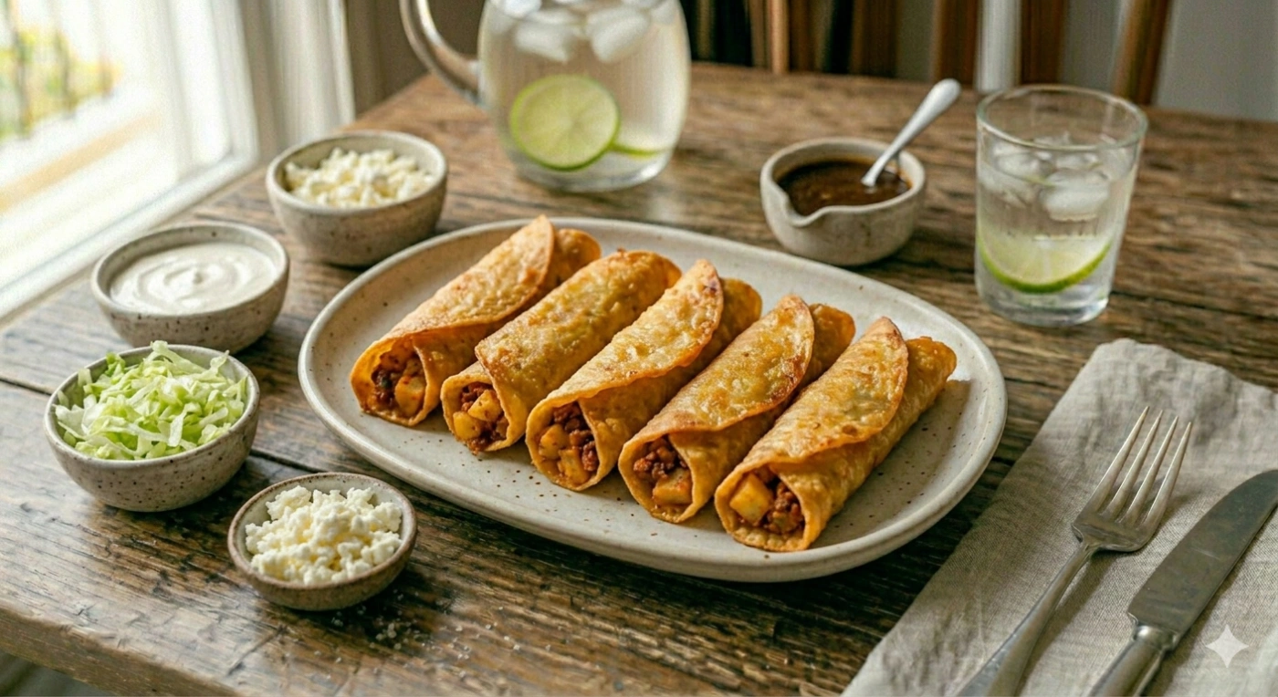 Tacos dorados de papa con chorizo crujientes servidos con crema