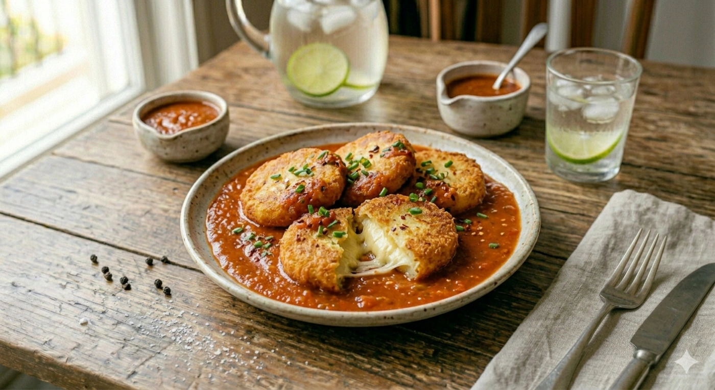 Tortitas de papa rellenas de queso Oaxaca bañadas en salsa roja casera