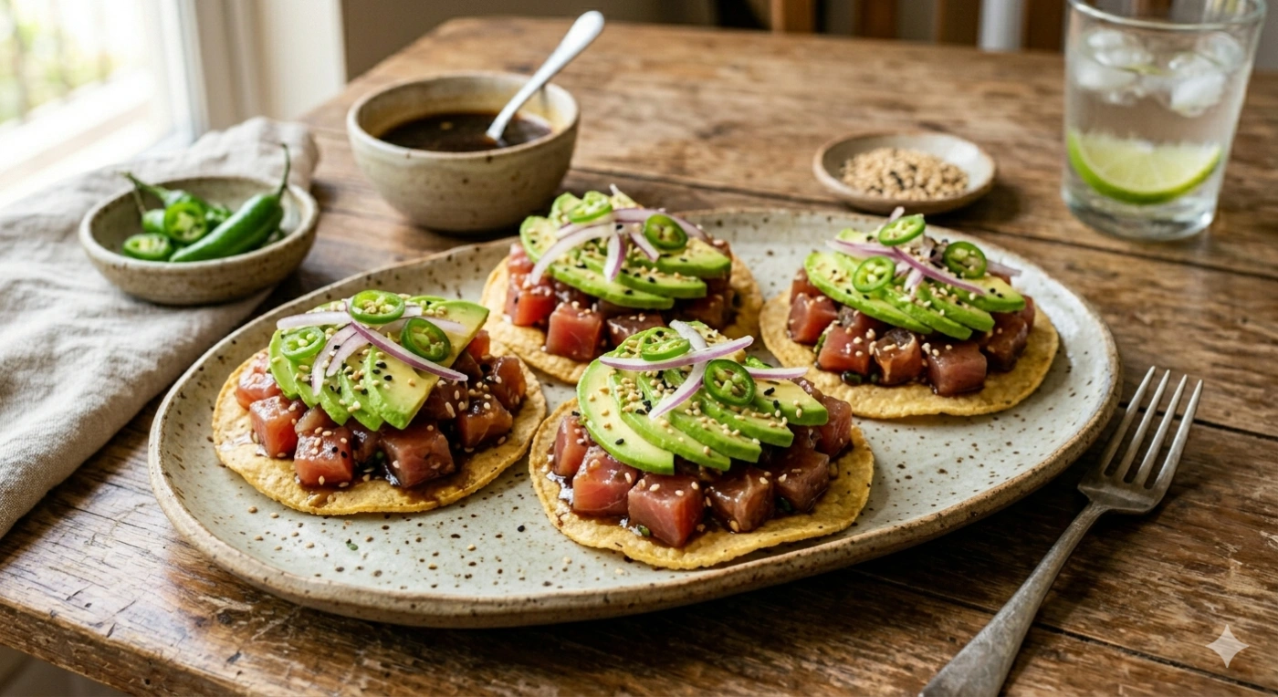 Tostadas de atún fresco marinado con aguacate en láminas